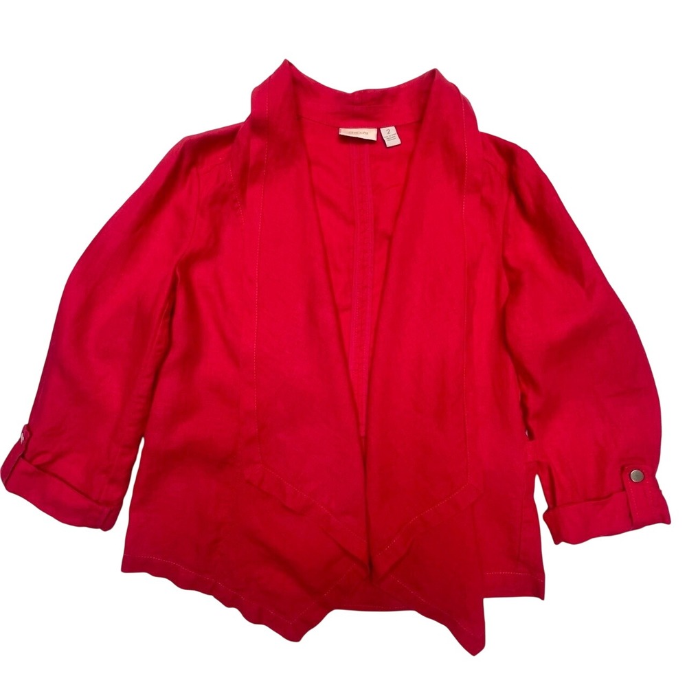 Chicos 100% Linen Hot Pink Blazer Open‎ Front 3/4 Sleeves Chico's Size 2 (L/12)